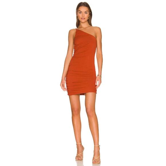 Sundry Asymmetrical Ruched Mini Dress Stretchy Jersey Lighweight Rust Boho Sz 0 - Picture 1 of 15